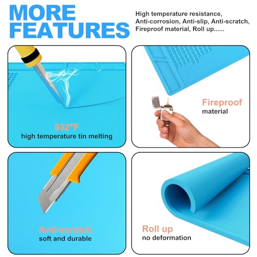 CPB Silicone Soldering Repair Mat, Heat Resistant Work Mat with Scale Rule and Screw Position for Soldering Iron, Electronics, Computer, Cellphone - 13.7" x 9.8"（Blue）