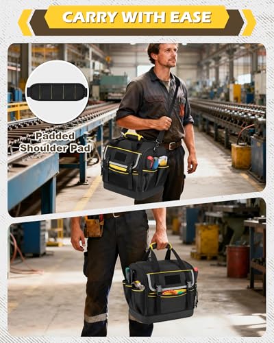 12-Inch Tool Bag with Hard Bottom, Electrician Tool Box Organizer with Detachable Divider, Multi-Purpose Work Tote for Mechanics, Carpenters, Plumbers, Black