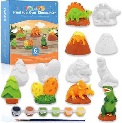 Funto Paint Your Own Dinosaurs Painting Kit, Arts and Crafts Set, STEAM Project Creative Activity DIY Toys, with 6 Figurines, 6 Paint Pots, 1 Brush - color: Jurassic, size: Ornament