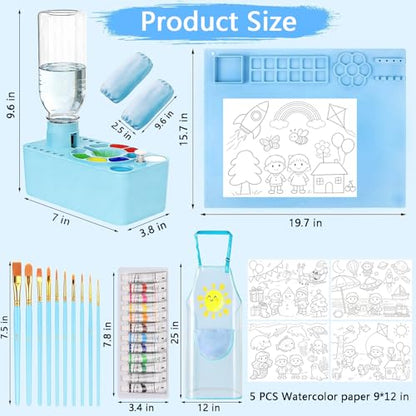 Elisel Painting Station,5 IN 1 Art Paint Supplies Kits,Paint Brush Cleaner (Upgraded),Silicone Painting Mat 12 Colors Paint Set,10 Paint Brushes,Painting Apron for Kids Artist Beginners (Blue, 5) - color: Blue