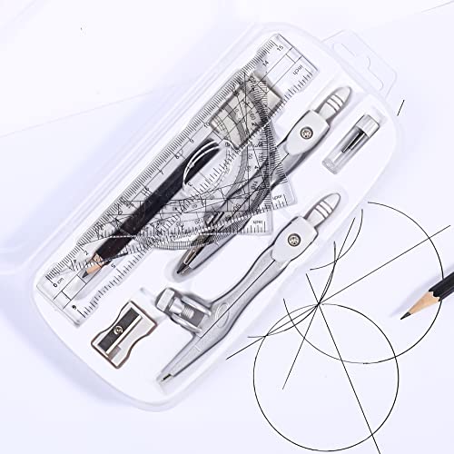 Vobou Math Geometry Kit Sets 10 Piece Student Supplies with Shatterproof Storage Box,Includes Rulers,Protractor,Compass,Eraser,Pencil Sharpener,Lead Refills,Pencil,for Drafting（White） - color: White
