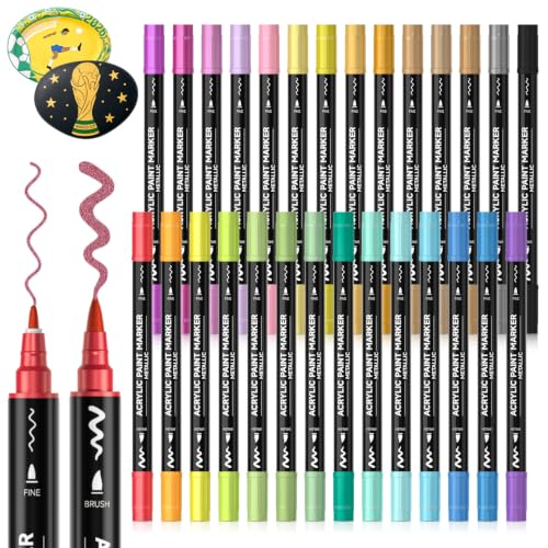 Shuttle Art 28 Metallic Colors Dual Tip Acrylic Paint Markers, Brush Tip and Fine Tip Acrylic Paint Pens for Rock, Ceramic, Wood, Canvas, Plastic, Glass, Stone, Calligraphy, Card, DIY Football Crafts - color: 28 Metallic Colors Brush Tip and Fine Tip