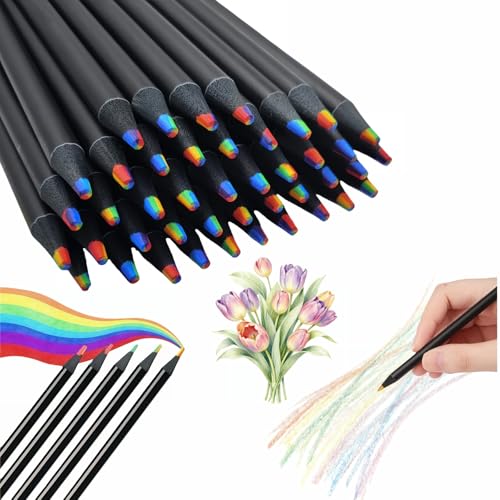 Rainbow Art 7-in-1 Colored Pencils, Black Wood Barrel, 12 Pack Multi-Color Core Drawing Set for Artists, Students, Sketching, Adult Coloring Books