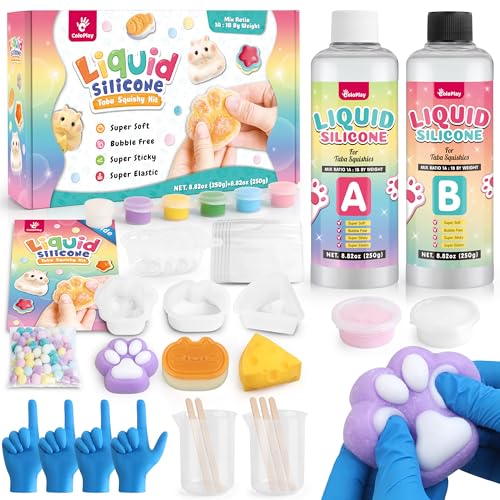 ColoPlay Taba Squishy Kit - 18OZ Rubber with Guided, Bubble Free and Faster Fully Cures - FuFu Squishy Kit with Mold, Flocking Powder - Stress Relief Entertainment - size: 18OZ Kit
