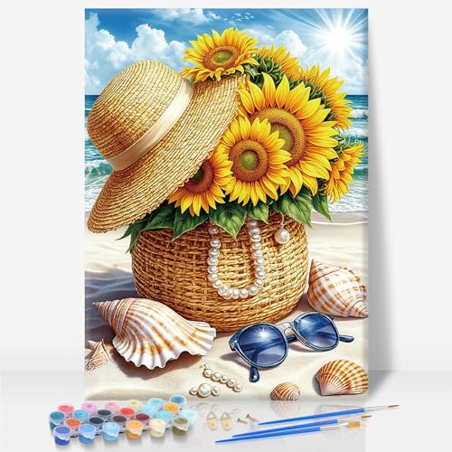 Camocin Framed Paint by Numbers Kit for Adults Beginner - Sunflower Beach Paint by Number Canvas with Frame, Coastal Summer DIY Acrylic Painting Kit for Relaxing Home Wall Decor 8x12 Inch - color: Sunflower-1, size: 8x12 Inch