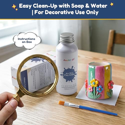 Aestd-ST 100ml Air Dry Clay Glaze – Gloss Varnish with Soft Brush for Polymer Clay, Air Dry Clay, Pottery & Crafts – Prevents Cracks, Scratches & Wear