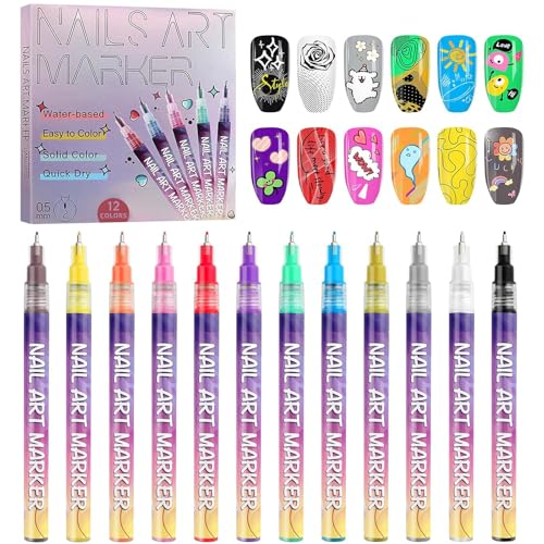 Kalolary 12 Color Nail Art Pens Set, Nail Art Markers Polish Pens Nail Point Graffiti Dotting Pen Drawing Painting Liner Brush for DIY Nail Art Beauty Adorn Manicure Tools - color: I