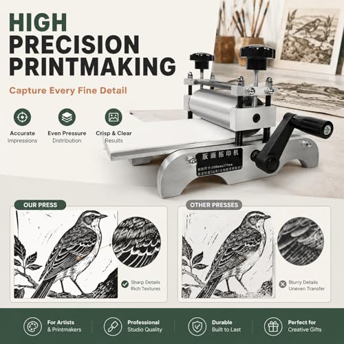Compact Printmaking Machine,Portable Tabletop Manual Etching Press-Heavy Brayer Ink Transfer Tool-Desktop Flatbed Printing Set for Fine Graphic Art Studio