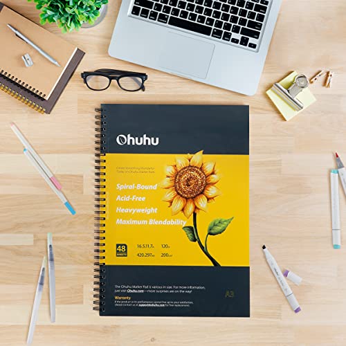 Ohuhu Marker Pads Art Sketchbook, 16.5"x11" XL A3 Large Paper Size, 120 LB/200 GSM Heavy Smooth Drawing Papers, 48 Sheets/96 Pages, Spiral Bound Sketch Book for Alcohol Markers Christmas Gift - size: 16.5" x 11"