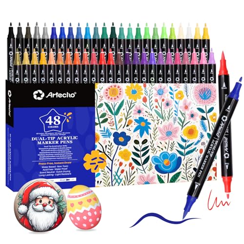 Artecho Acrylic Paint Markers 48 Colors, Acrylic Paint Pens with Brush Tip and Fine Tip for Stone, Rock Painting, Paper, Pumpkin, Wood, Egg, Canvas, Ceramic, Fabric, leather, Glass, DIY Crafts - color: 48 Colors