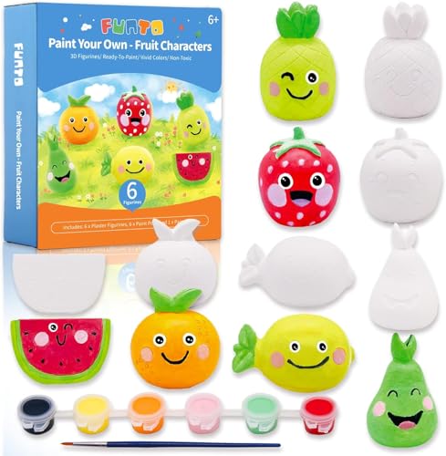 Funto Paint Your Own Fruits Painting Kit, 13 PCS Crafts Set for Kids, STEAM Project Creative Activity DIY Toys with 6 Figurines, 6 Paint Pots, 1 Brush - color: Fruits, size: Ornament
