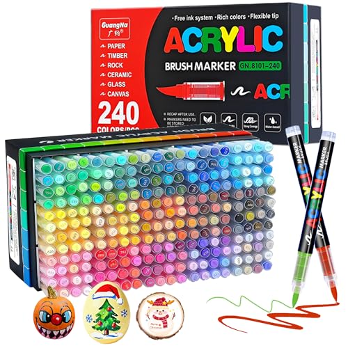 240 Colors Acrylic Paint Markers - Brush Tip Vibrant Acrylic Paint Pens Set for Adult Artists, Brush Markers Set with Storage Case Perfect for Glass Fabric Wood DIY Crafts Art Supplies - color: 240 Colors