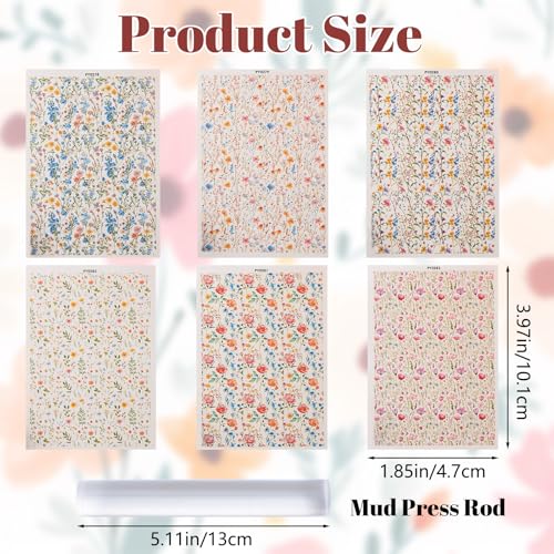 Clay Transfer Paper, 6Pcs Wildflower Theme Polymer Clay Transfer Sheets for Earrings Jewelry Necklace with Mud Press Rod DIY Craft - color: Wild Flower