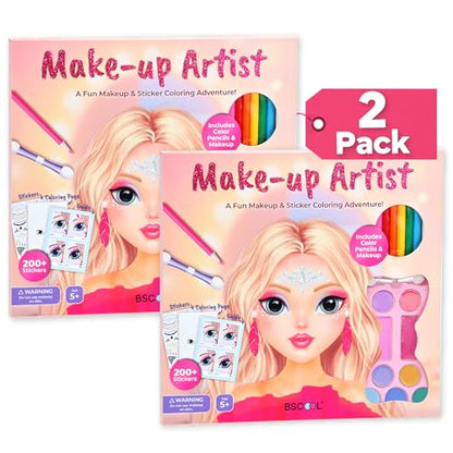 BSCOOL Make-up Artist Kit - 2 Sets Pretend Play Makeup & Sticker Coloring Book, Includes Palette, Brushes, Pencils & 200+ Stickers, Girls Beauty Toy Ages 5+ - color: Multipack - 2PCS Make Up Studio