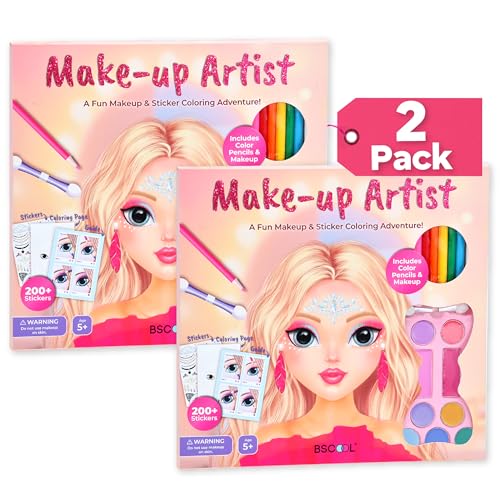 BSCOOL Make-up Artist Kit - 2 Sets Pretend Play Makeup & Sticker Coloring Book, Includes Palette, Brushes, Pencils & 200+ Stickers, Girls Beauty Toy Ages 5+ - color: Multipack - 2PCS Make Up Studio
