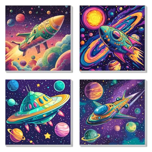4 Pack Paint by Numbers Kit for Kids, Outer Space Color by Number Painting Kits for Kids Ages 8-12 Astronaut Paint by Numbers with Framed Canvas Children DIY Paints by Number Kits for Beginners 8x8 In - color: Outer Space Painting