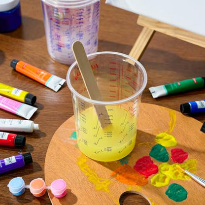 Lilymicky 16 oz Plastic Mixing Cups, 100 Pack 16 oz (500ml) Disposable Measuring Cups with 100 Wooden Mixing Sticks, Can Be Used for Epoxy Resin, Liquid Measuring, Paint, Cooking and Baking
