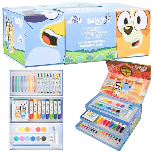 Bluey Colored Pencils Art Supplies for Boys Girls Drawing Kit Painting School Supplies Art Kit Travel Case Gifts for Kids (Blue 3 Tier) - color: Blue 3 Tier