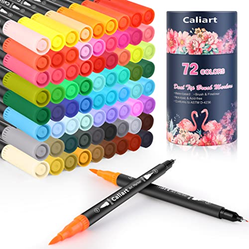 Caliart 72 Colors Double Tip Brush Pen Art Markers for Adult Coloring Books | Artist Fine & Brush Coloring Markers for Journaling Calligraphy Lettering Planners Drawing Teacher Office Art Supplies - color: 72 colors(Black Barrel)