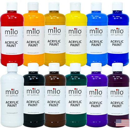 milo Acrylic Paint Set of 12 Colors | 16 oz Bottles | Student Primary Colors Acrylics Painting Pack | Made in the USA | Non-Toxic Arts & Crafts Paints for Artists & Hobby Painters - style: Primary Set 12 x 16 oz