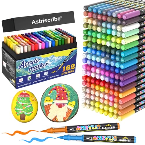 162 Colors Acrylic Paint Markers Set – Professional Palette with Brush Tip (1–5 mm), Quick-Dry and Waterproof Ink for Rock, Wood, Glass, Metal, and Fabric - color: 162 colors