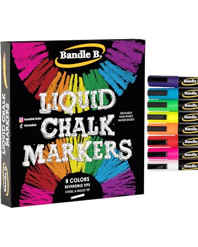 Bandle B. Chalk Markers - 8 Vibrant, Erasable, Non-Toxic, Water-Based, Reversible Tips. For Glass or Chalkboard Markers for Businesses, Restaurants, Liquid Drawing Chalk (Vibrant 6mm) - color: Vibrant 6mm