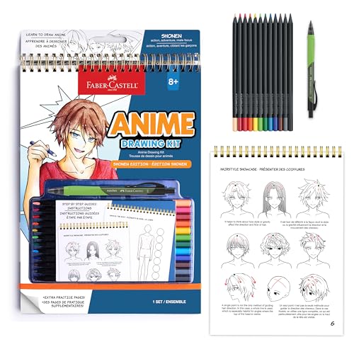 Faber-Castell Anime Drawing Kit: Shonen Edition | Step-by-Step Instruction Book with 20 Practice Pages, Color Pencil Set & Drawing Supplies for Kids, Summer Craft Supplies (1 Book) - style: Shonen Edition
