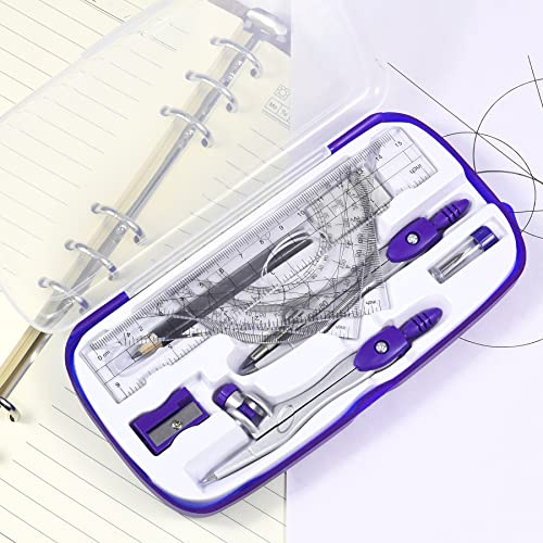 Vobou Math Geometry Kit Sets 10 Piece Student Supplies with Shatterproof Storage Box,Includes Rulers,Protractor,Compass,Eraser,Pencil Sharpener,Lead Refills,Pencil,for Drafting（Purple） - color: Purple