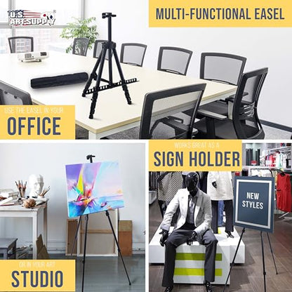 U.S. Art Supply 66" Black Metal Tripod Easel Display - Adjustable 20"- 5.5', Holds 32" Canvas - Floor/Tabletop Easel Stand, for Sign Display, Painting, Poster Board, Canvas - Portable Bag