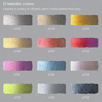 ARTEZA Watercolor Paint Set, 12 Metallic Watercolor Paints, Glitter Watercolor Paint in Half Pans, Travel Watercolor Set - style: Metallic & Iridescent, Set of 12