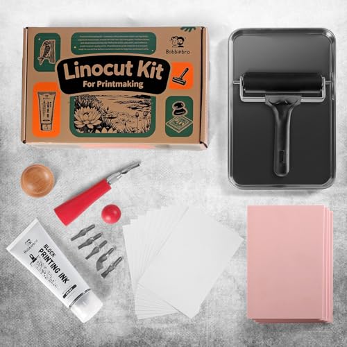 Bobblebro Linocut Kit for Printmaking with Black Ink, 12 Soft Rubber Blocks, Brayer, Carving Tools and Transfer Papers for DIY Art Projects