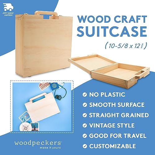 Woodpeckers Wood Craft Suitcase 10-5/8 x 12 inch, Pack of 1 Unfinished Wooden Boxes for Crafts, Travel Memory Boxes for Keepsakes - size: 10-5/8"