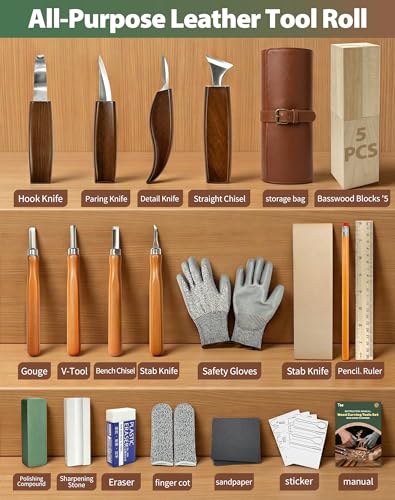 T98 28Pcs Wood Carving Kit & Whittling Tools Set – Deluxe Woodworking Hobby Kit with 8 Carving Knives, 5 Basswood Blocks, 4 Templates, Leather Bag & Safety Gear – DIY Craft Gift for Beginners & Adults
