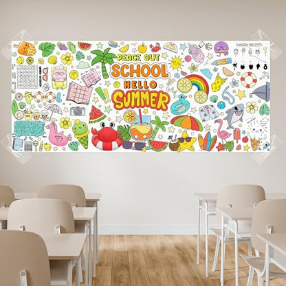 Jumbo End of School Year Coloring Activity Poster - Summer Fun Games DIY Drawing Color-in Paper 55.1 x 23.6 Inch Blank Doodle Art Banner, Home School Educational Event Party Supplies - style: End of School Year (including mini-games)