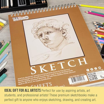 U.S. Art Supply 11"x14" Top Spiral Bound Sketch Book, 2 Pack, 100 Sheets Each, 60lb (100gsm), Acid-Free, Artist Sketchbook, Drawing Pad for Adults & Students - size: 11-x-14-inch
