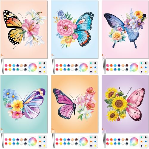 Dinifee 6 Pack Pre Drawn Canvas for Painting Pre Printed Canvas Kit 8 x 10 Inch Stretched Cotton Paint and Sip Set for Adults Couple Party Graduation Summer Date Night(Butterfly) - style: Butterfly