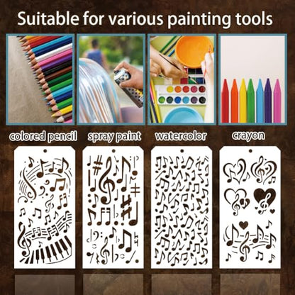 12 Sheets Musical Note Stencils for Painting, 12 Styles Reusable Musical Designs Drawing Templates Plastic Art PET Templates for Painting on Wall Wood Home Decor - style: Music
