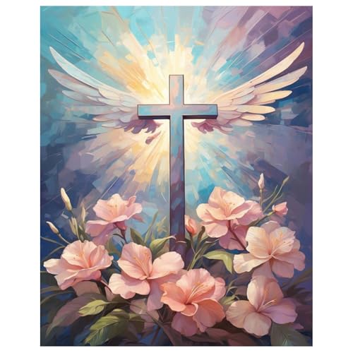 hkejoi Religious Paint by Numbers Kit for Adults Beginners, Adult Paint by Number Kits on Canvas Cross, Painting by Number DIY Acrylic for Gift Home Decor 16x20 in - color: Cross and Wing