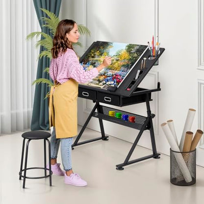 ZENY Adjustable Drafting Table with Stool, Tilting Drawing Desk Artist Table with Storage Drawers, Art Craft Workstation for Home Office Reading, Writing, Crafting - color: Black
