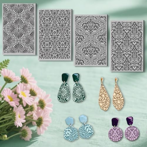 4 Pcs Damask Patterns Texture Pattern Polymer Clay Texture Sheet Rubber Clay Texture Mat for Polymer Clays Making Earrings Jewelry DIY Crafts, 4 × 2.5 Inch - style: Damask Patterns