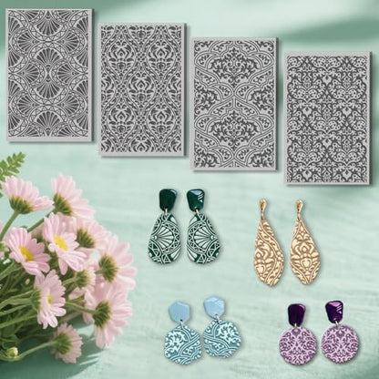 4 Pcs Damask Patterns Texture Pattern Polymer Clay Texture Sheet Rubber Clay Texture Mat for Polymer Clays Making Earrings Jewelry DIY Crafts, 4 × 2.5 Inch - style: Damask Patterns
