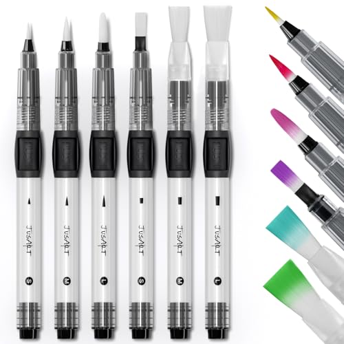 JusArt Water Brush Pens 6-Pack Leak-Proof Refillable Watercolor Pens for Acrylic and Gouache Painting - Includes Pointed & Flat Tip Styles - Portable Water Brushes for Artists, Beginners, Adults - color: 6 Pcs Black