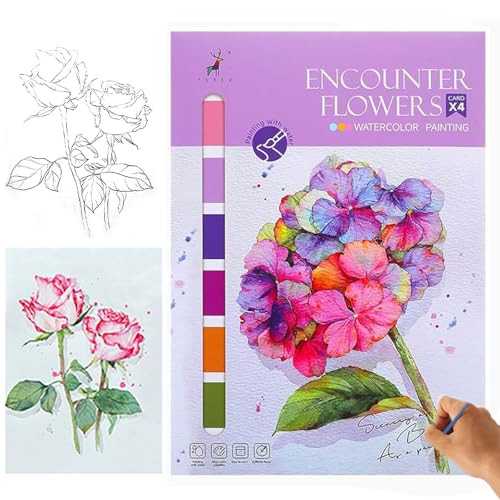 Watercolor Workbook for Adults,Watercolor Coloring Book for Adults Paint,Water Coloring Book with 4 Floral Drawings(12 Colors and Brush)