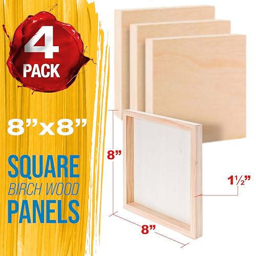 U.S. Art Supply 8" x 8" Unfinished Cradled Wood Panels for Painting, Gallery 1-1/2" Deep (4 Pack) - Artist Depth Wooden Wall Canvases - Mixed-Media Craft, Acrylic, Oil, Encaustic, Paint Pouring - size: 8" x 8", style: Square