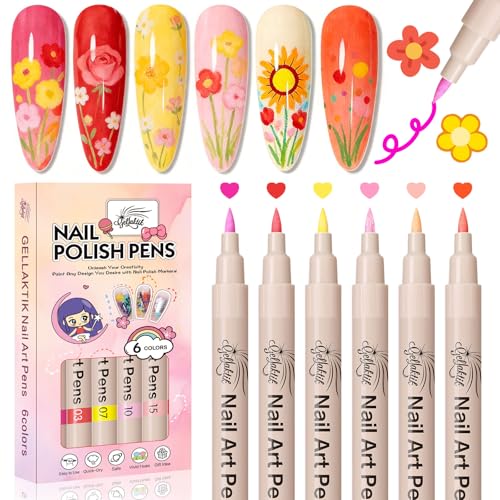 6 Colors Nail Art Pens Set, 3D Nail Polish Pens Quick-Drying Acrylic Paint Markers, Dotting Liner Brush for DIY Nail Design, Home & Salon Manicure Tools - color: blue