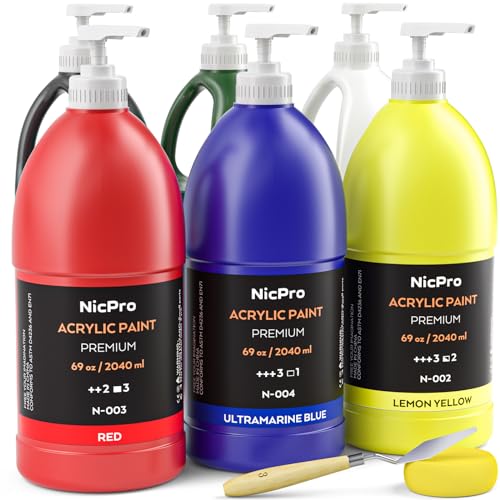 Nicpro 6 Colors Large Bulk Acrylic Paint Set (69 oz, 2040ml) Rich Art Painting Supplies Non Toxic for Multi Surface, Canvas, Wood, Leather, Fabric Stone Craft, for Kid & Adult with Pump, Color wheel - color: 69oz 6colors
