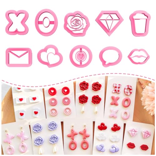 KEOKER Valentines Day Polymer Clay Cutters, Valentines Polymer Clay Cutters for Earrings Making, 10 Shapes Valentines Earring Clay Cutters, Heart Clay Cutters for Polymer Clay Jewelry (Studs) - color: studs clay cutters