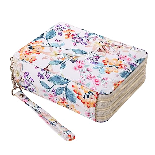 Portable Colored Printing Pattern Pencil Case Holds 72 pcs Pencils Bag Organizer with Handy Wrap Portable- Multilayer Holder for Watercolor Pens or Markers, Pencil Case Organizer for Artist - color: White + Flower