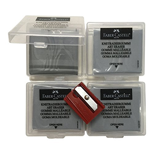 Faber-Castell Large Kneaded Art Eraser Grey Artist Drawing Art Pencil Eraser with Casing [Pack of 4] + 1 Faber-Castell Sharpener