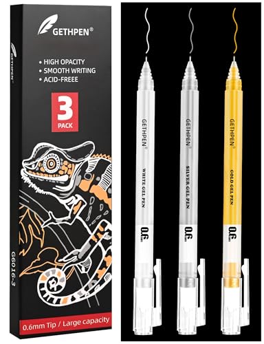 GETHPEN 3 Colors 0.6mm Extra Fine Point Gel Pen Set – White, Gold & Silver Gel Ink Pens for Artists Drawing on Black Paper, Sketching, Bullet Journaling & Holiday Crafts - size: 0.6 mm, style: 3 Pack White, Gold and Silver